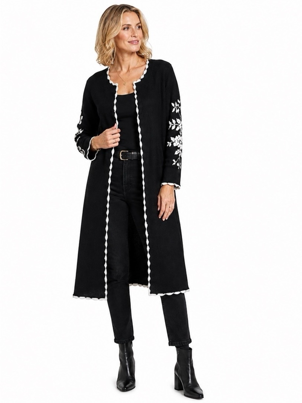 Victor Costa Occasion Vintage Black White Embroidered Linen Cotton Duster Medium